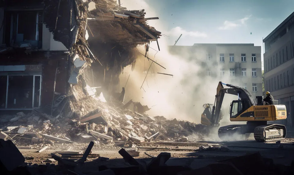 heavy construction machine doing full residential demolition work